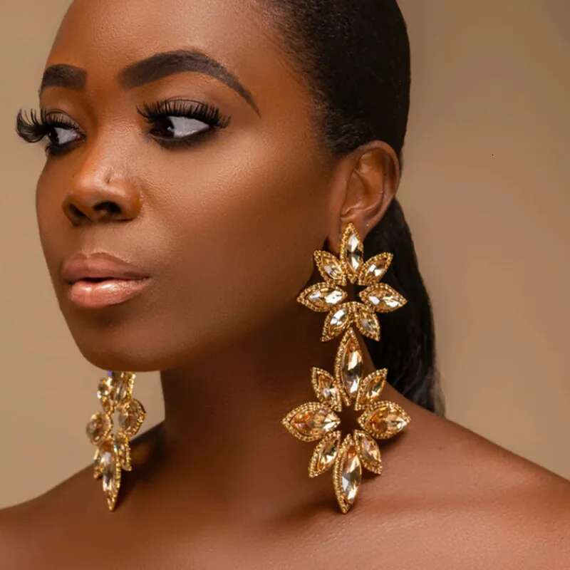 Pageant Statement Jewelry Sier Gold Color Long Big AB Crystal Rhinestone Flower Dangle Chandelier Earrings For Women
