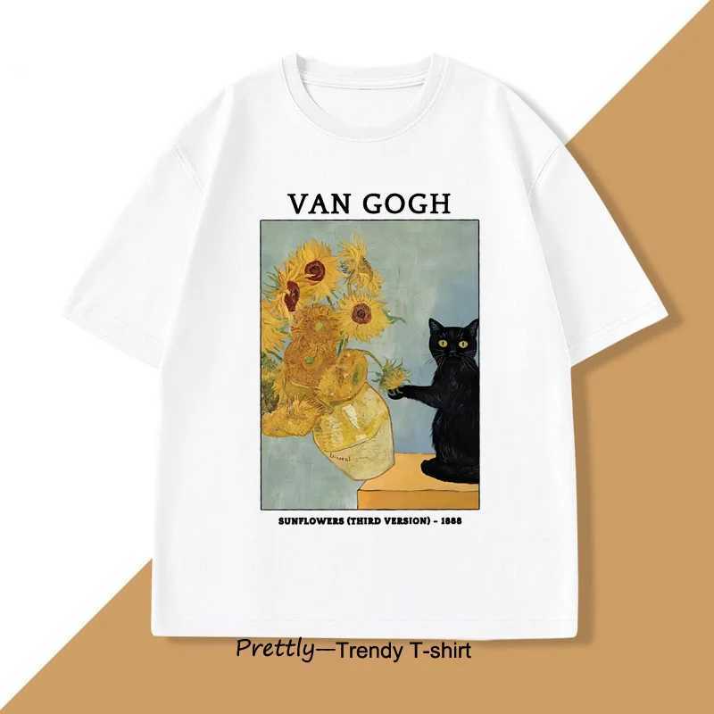 Van Gogh Sunflower Printed Mens T-shirt Womens Retro Harajuku Short Sleeve T-shirt Casual Round Neck Cotton T-shirt W250425