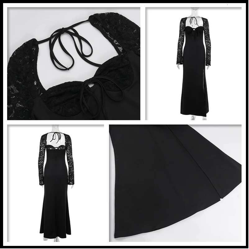 Dongdumaoyi Townlike Lace Patchwork Slim Bodycon Dress Women Strapless Maxi Long Autumn Winter Split Nightclub Sexy Party Dresses