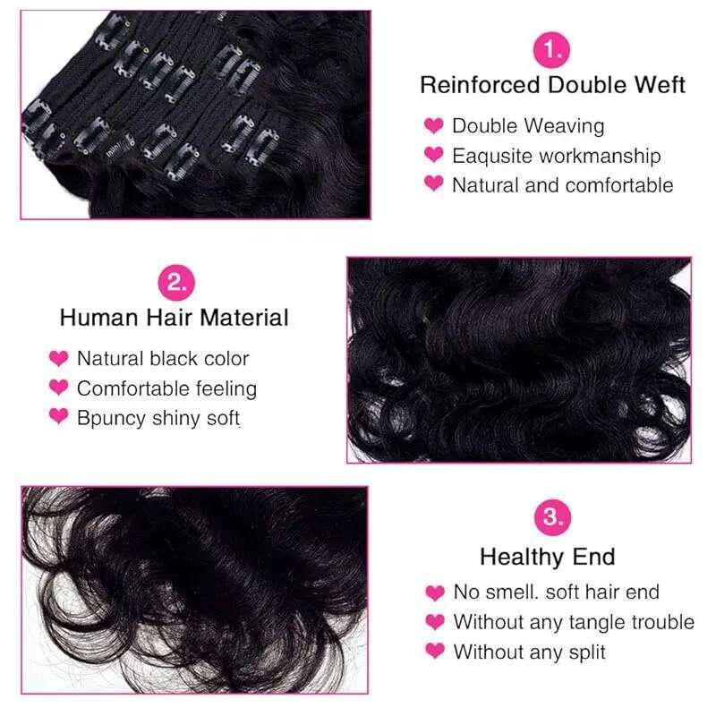 Body Wave Extensions Real Human Ins 100% Brazilian Seamless Clip In Hair For Women 120 Gram