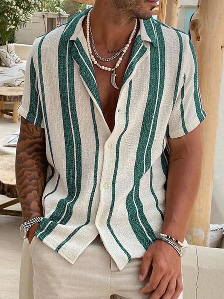 Summer Short Sleeve Large Geometric Stripe Element Coconut Tree Printed Shirt Mens Youth Top Shirt Loose and breathable