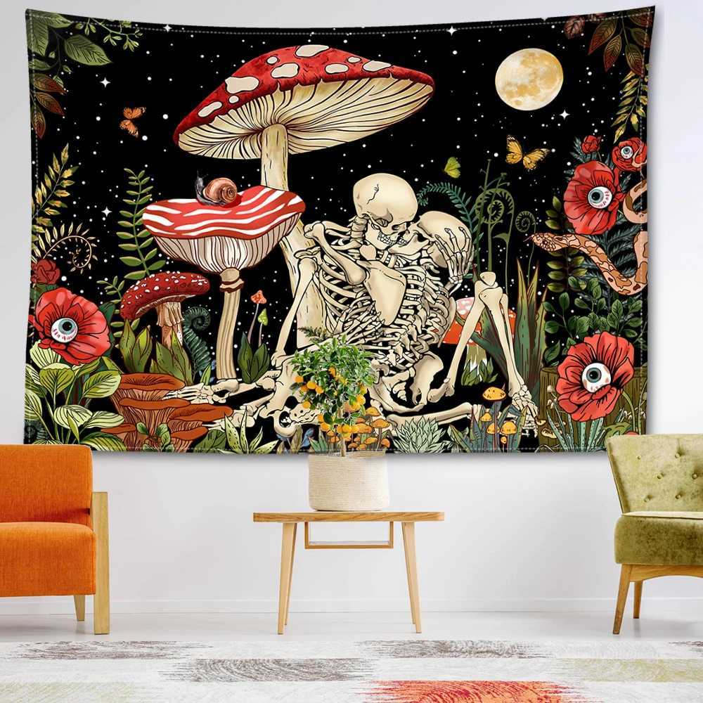 Mushroom And Skeleton Tapestry Wall Hanging Psychedelic Witchcraft Hippie Abstract Scenery Dormitory Bedroom Home DecorM251125