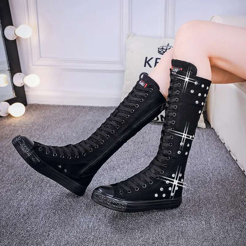 Spring new long rivet breathable hole front lace-up side zipper canvas shoes casual flat inner heightening large size women shoe