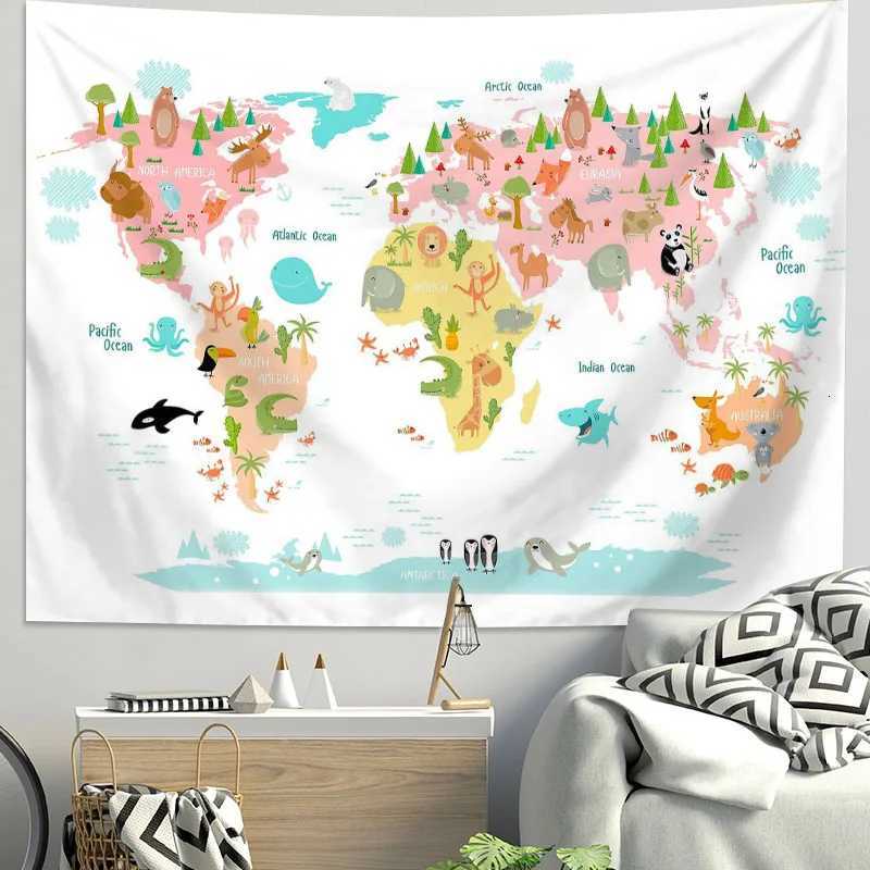 VIKAMA Ins Scandinavian World Terrain Tapestry Childrens Room Wall Decoration Cartoon Animal Map Bedside Background TapestryM251125