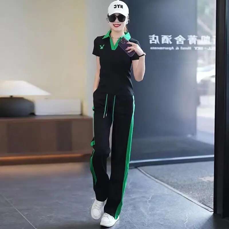 Women's Casual Sports Suit 2025 New Summer Spring Style Clothes Fashion Short Sleeve Lapel T-Shirt Wide Leg Pants Two Piece Set