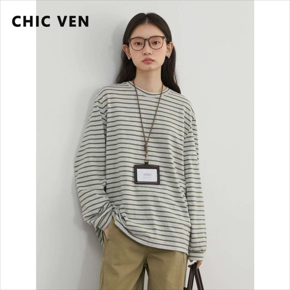 CHIC VEN Women T-Shirts Casual New Round Neck Striped Basic Shirt Loose Tees Female Long Sleeved Top Spring 2025