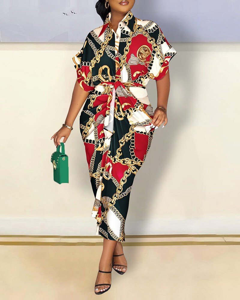 2022 Autumn Long Sleeve V-Neck Button Print Shirt Dress Women