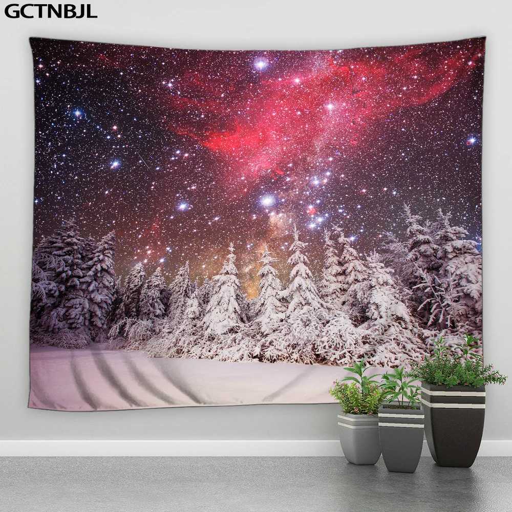 Winter Landscape Tapestry Wall Hanging Forest Snow Scene Christmas Theme Pine Santa Home Decor Living Room Bedroom Wall TapestryM251125