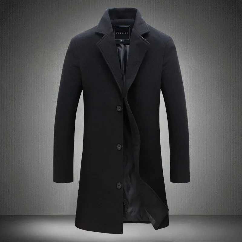 2025 Autumn Winter New Wool Men Long Cotton Coat Blend Pure Color Casual Business Fashion Slim Windbreaker Jacket Men ClothingT251125