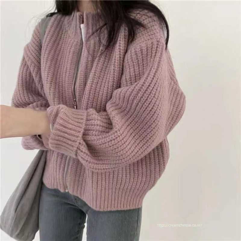 Autumn Elegant Cardigan Zipper Knitwear Winter New Womens Crew Neck Knitted Long sleeved Sweater Solid Color Casual TopT251125