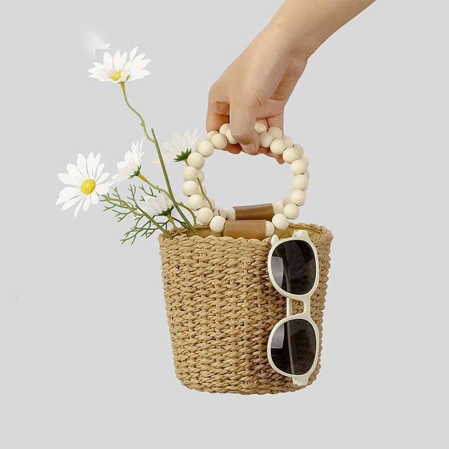 Designer Bag 2025 Fashion Wooden Beading Women Handbags Paper Woven Hand Bags Casual Summer Beach Bucket Bag Bali Small Tote Female Purses 2023 Luxury