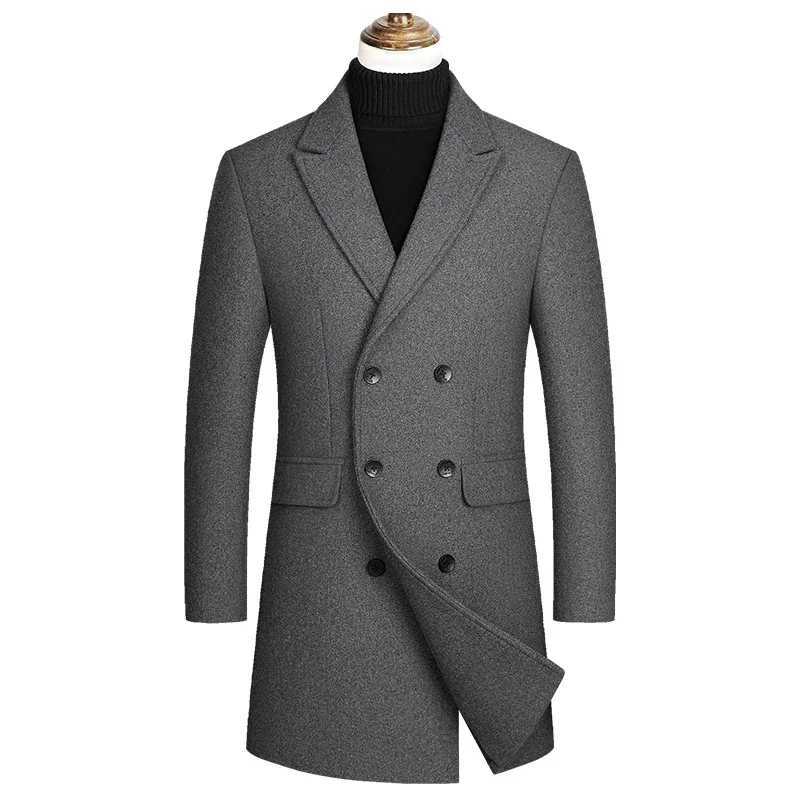 2024 Autumn and Winter Boutique Woolen Black Gray Classic Solid Color Thick Warm Mens Extra Long Wool Trench Coat Male JacketT251125