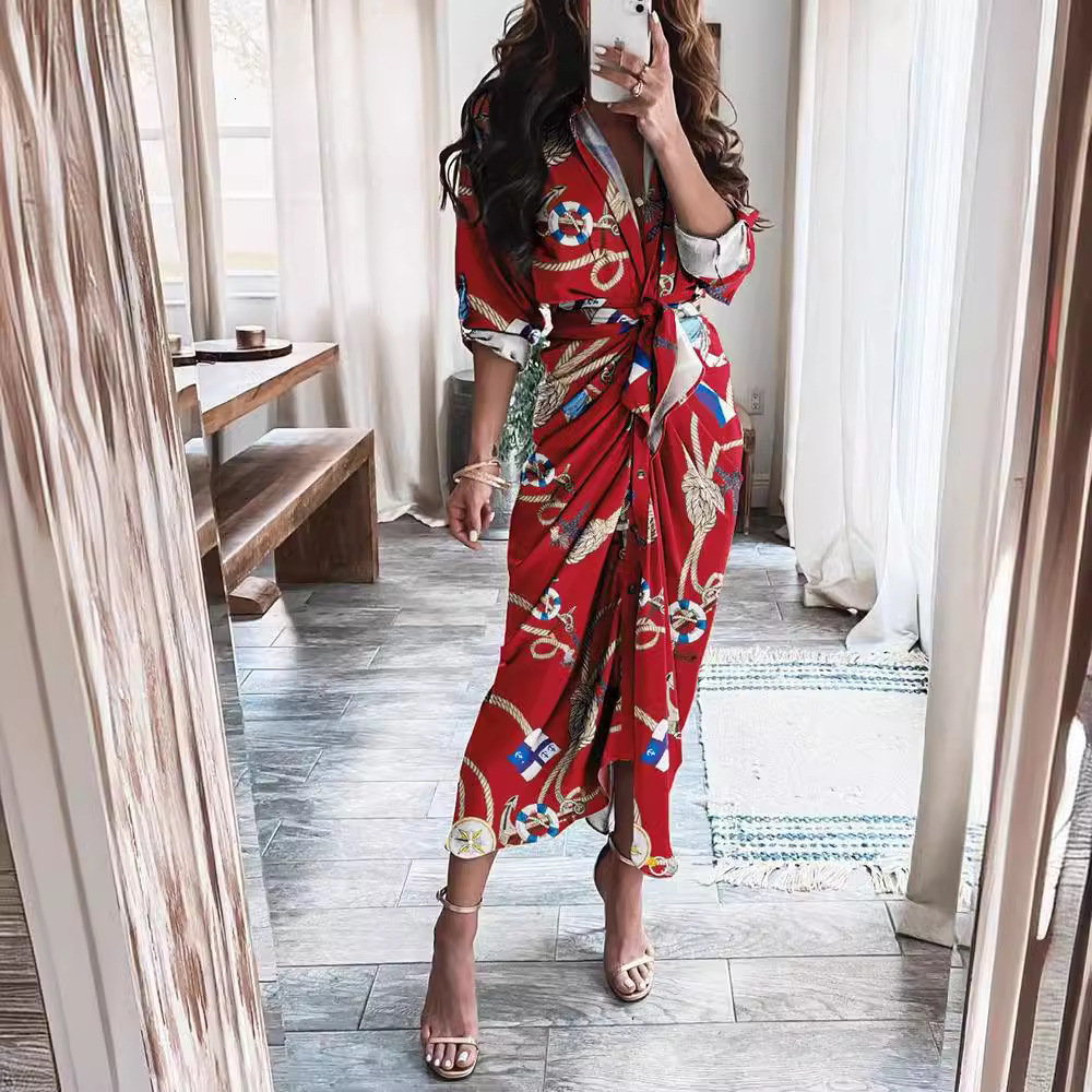 2021 summer long sleeved V-button short sleeved printed dress long skirt