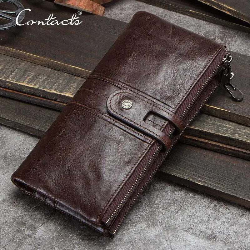CONTACT'S Men Clutch Genuine Leather Long Wallet Hasp Card Holder Vintage Male Zipper Coin Purse Money Bag Portemonnee