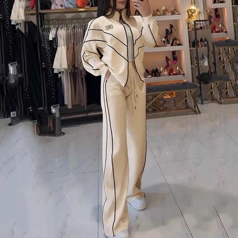 Spring Autumn Two-Piece Women Stand-Up Collar Long Sleeve Zipper Coat+High Waist Lace Up Straight Wide Leg Pants Set Outfits