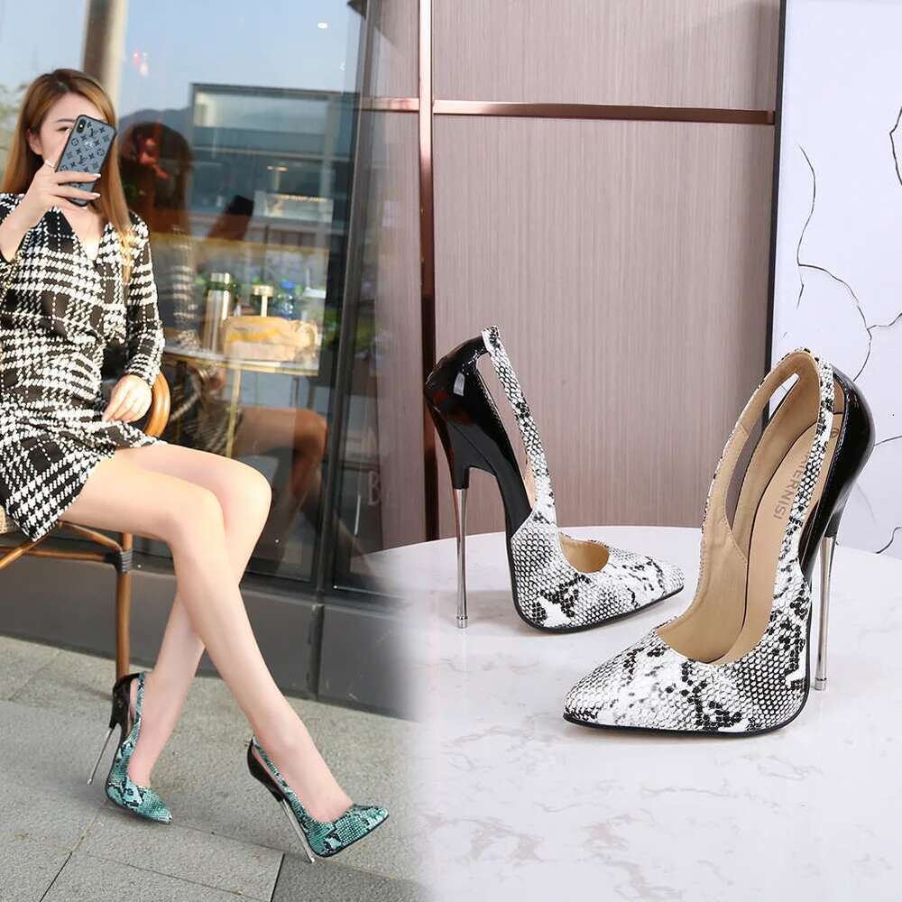 Spring pointed shallow patent leather hollow snake pattern sexy single metal fine high-heeled dress large size women shoes