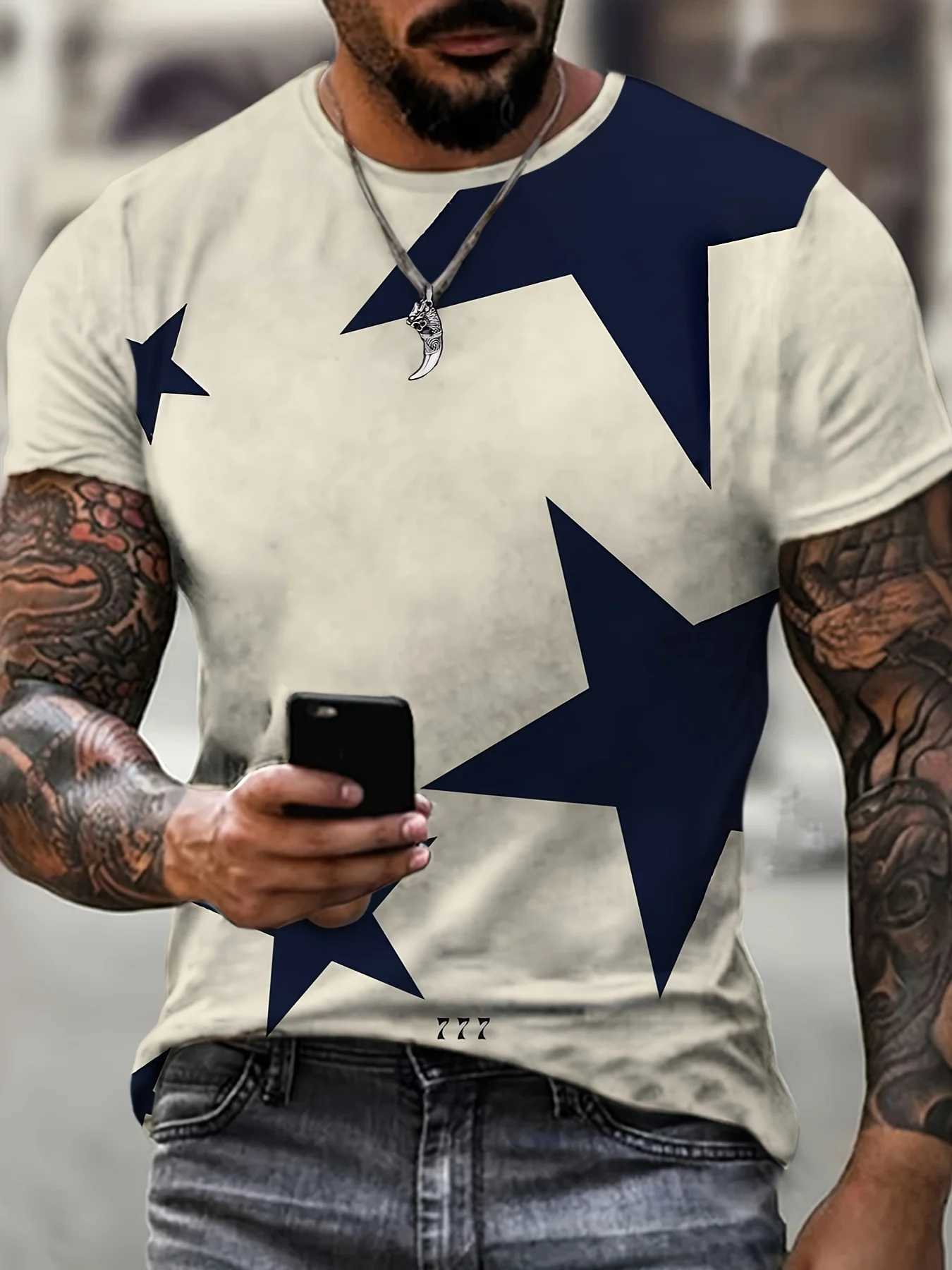 Fashionable contrasting colors celebrity graphic patterns crew collar and short sleeved T-shirt casual trendy top for men summer daily top W250425