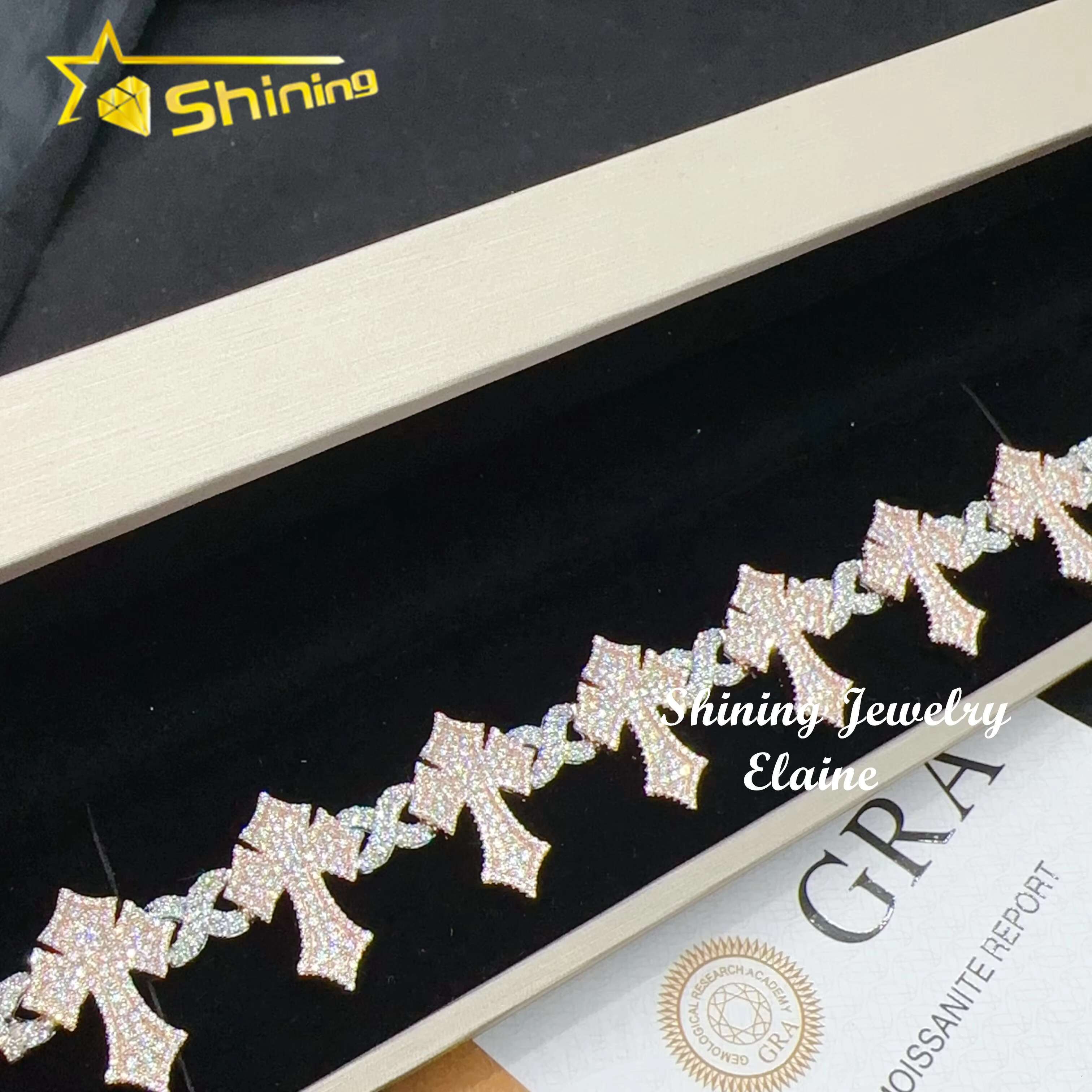 Fashion Jewelry Silver 925 Hip Hop Iced Out Men Bracelet VVS Moissanite Lab Diamond Jewelry Cross Cuban Link Bracelet