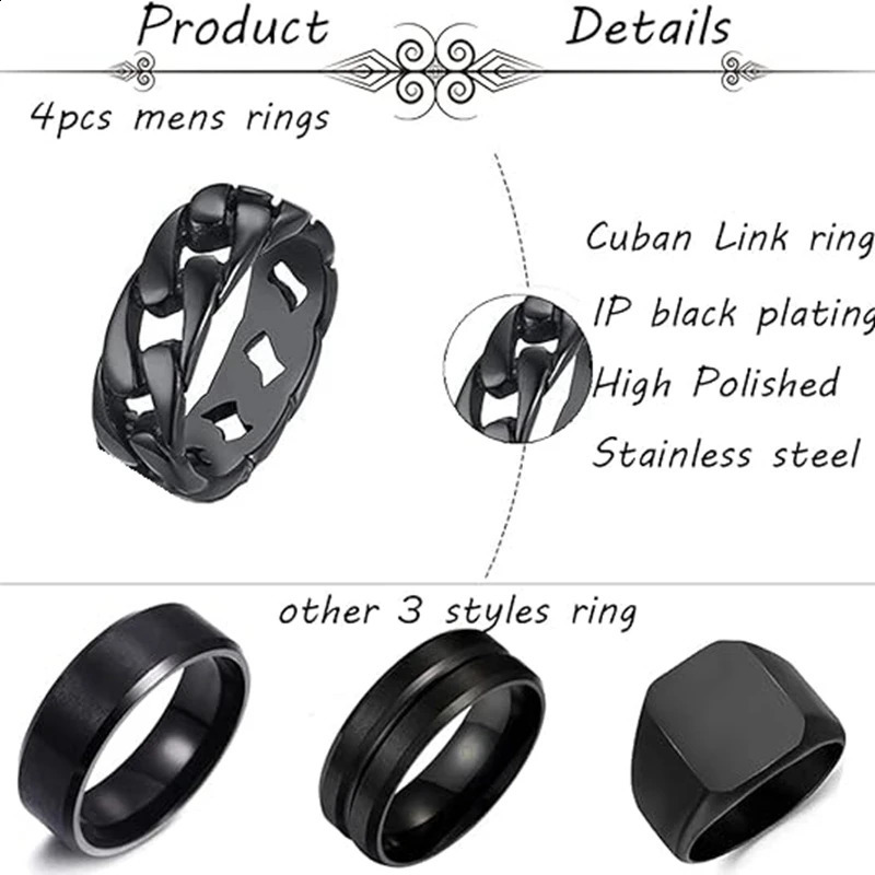 4Pcs Stainless Steel Black Signet Solid Biker Ring For Men Polished Matte Grooved Edges Cuban Link Band Rings Set Size 7-12 250425