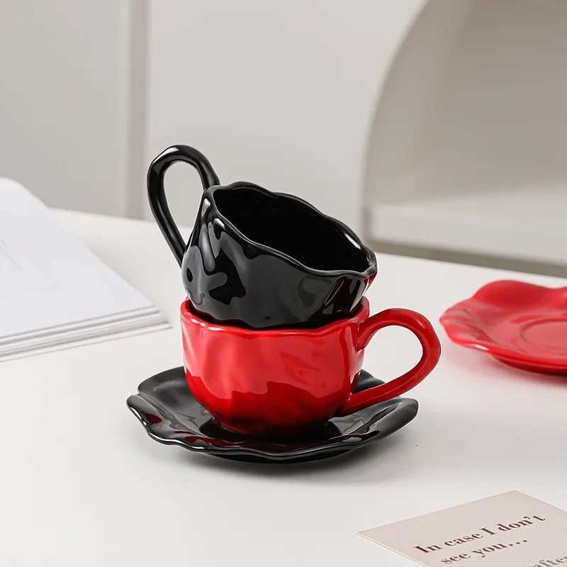 200ml Black Red Macaroon Creative Hand Squeezed Pinched Ceramic Coffee Mug Cup With Saucer For Cafe Restaurant Table Decor 1 PC Y251125