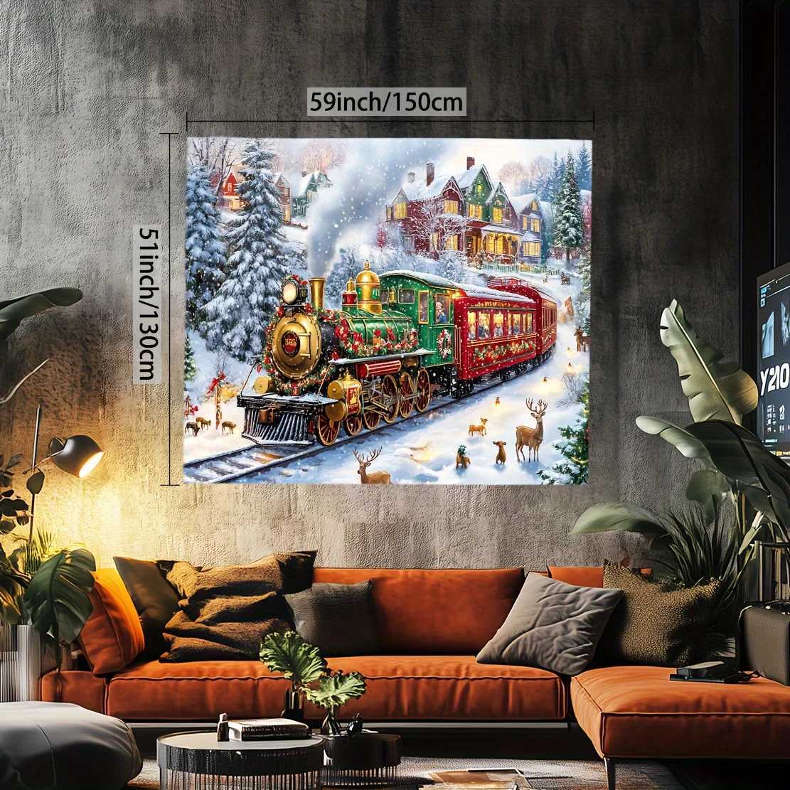 Glam Christmas Tapestry with Polar Express Train Snow Scene - Polyester Wall Hanging with Santa Reindeer Festive Decor SquarM251125