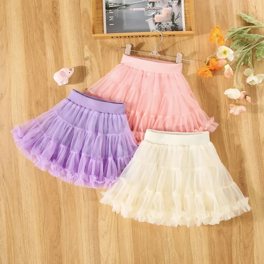 Girl Half Leather Summer Folded Mesh Match Solid Color Skiing Princess Fashion Skiing Birthday Party Team Tutu Skiing Women 250424