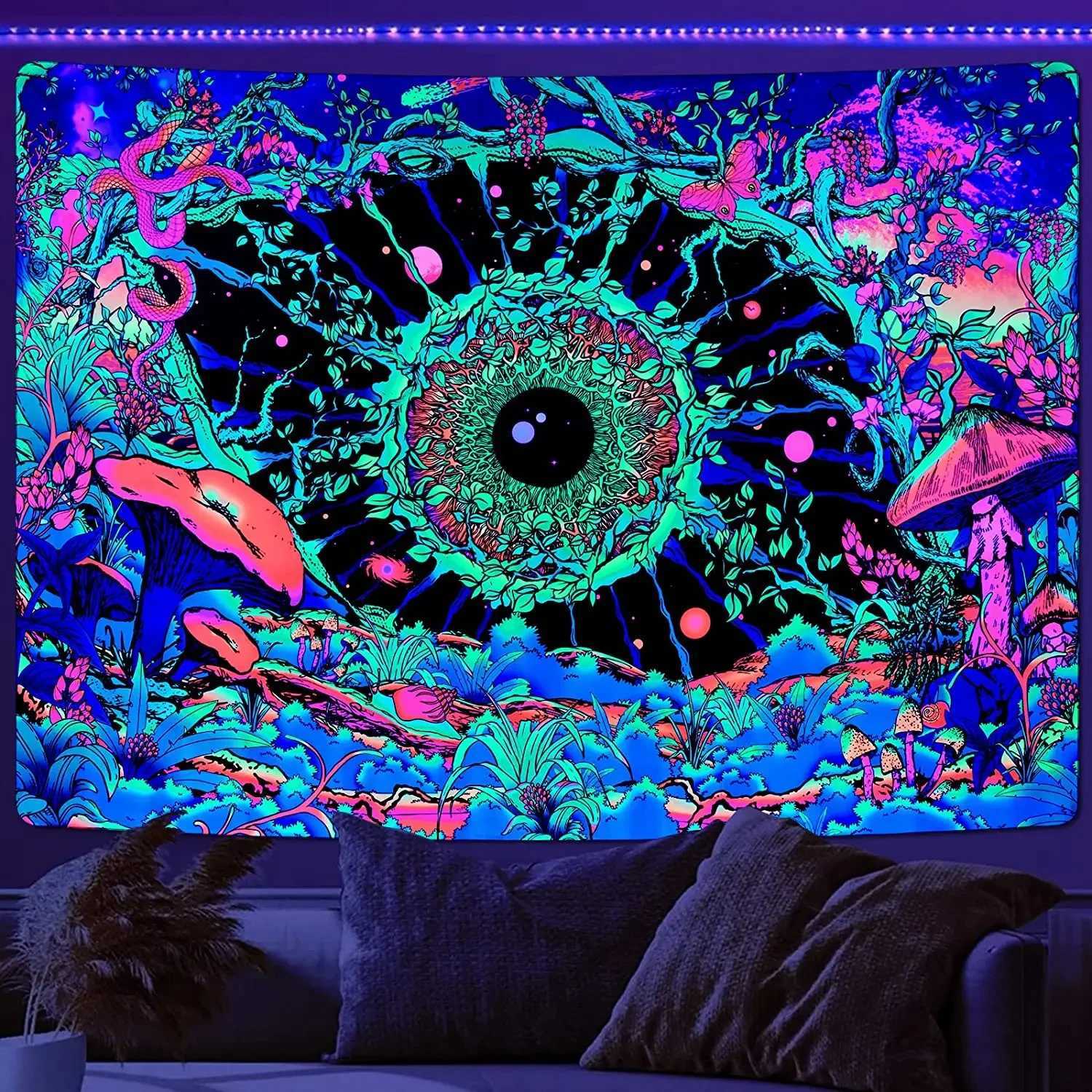 VIKAMA Neon Illusion Hamsa Hand Tapestry Cosmic Nebula All Seeing Eye Meditation Room Bohemian Bedroom Home Decor TapestryM251125