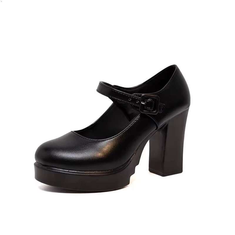 Spring new round toe shallow leather waterproof platform square heel high-heeled banquet dress large-size women's shoes