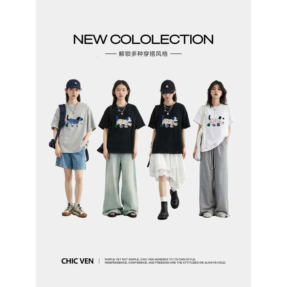 CHIC VEN Women T-Shirts Loose Streetwear Unisex Fun Dog Embroidered Short Sleeve Cotton Girl Tees Female Top Summer 2025