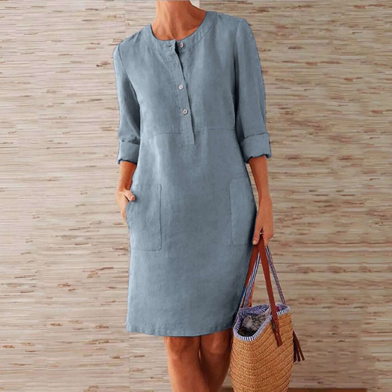 Dongdumaoyi Lady Cotton Linen Dress Retro Women Button Single Breasted Knee Length Solid Color Causal Beach Sundress Vestidos
