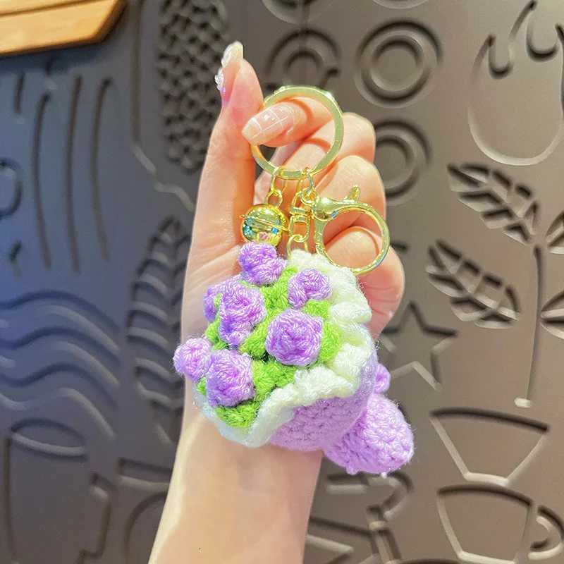 Cute Crochet Bouquet Keychain Mini Hand-knitted Flower Keychain Ring Car Bag Hanging Pendant Ornament Lover Valentines Day giftXJ251125