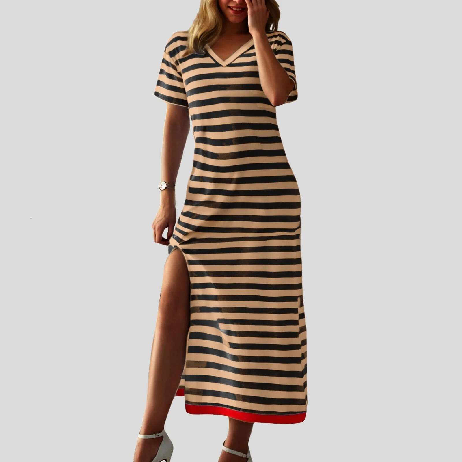 Dongdumaoyi Summer Women Dress Side Split V Neck Short Sleeves Mid Calf Midi Casual Color Matching Length Slim Fit Lady