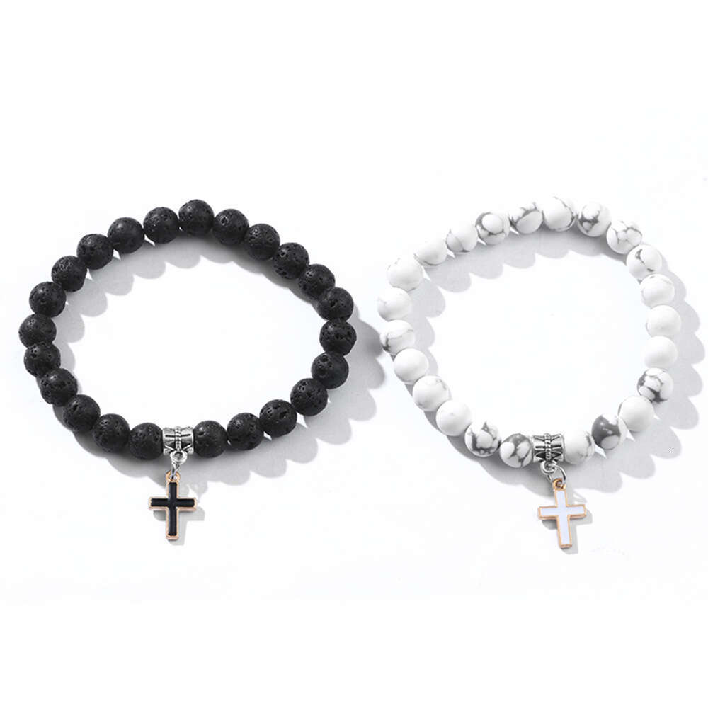 White turquoise volcanic cross pendant trendy men's personality natural stone bracelet versatile
