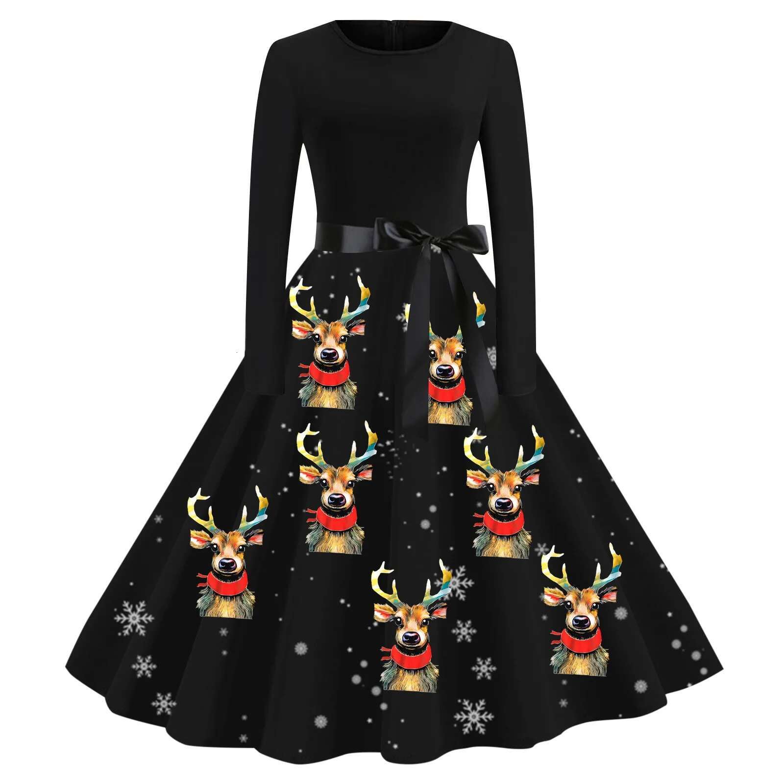 Dongdumaoyi Winter Christmas Dresses Women S Vintage Robe Swing Pinup Elegant Party Dress Long Sleeve Casual Print Black Vestido