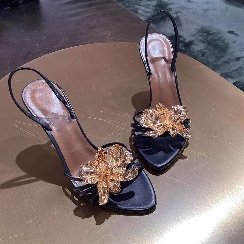 Summer new patent leather metal petals belt sexy pointed fashion slippers thin high-heeled dress large size women's sandals