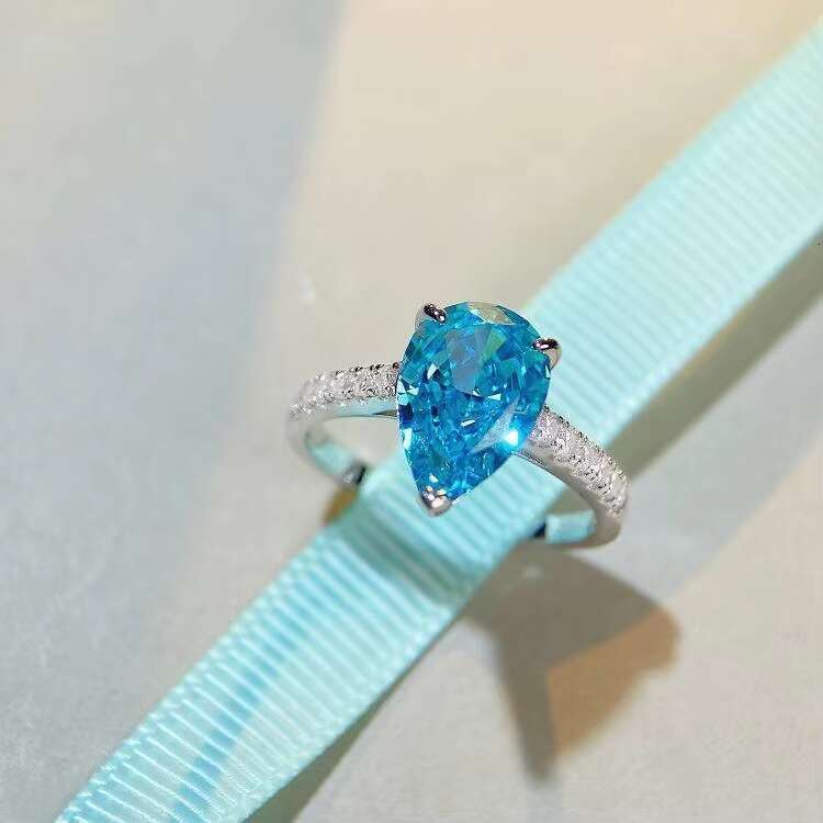 Wholesale Moissanite Rings Sapphire Blue Water Drop Moissanite Ring 925 Sterling Silver Trendy Gemstone Rings Prong Setting