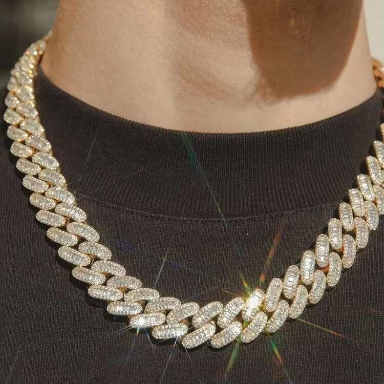 Baguette Diamond 16mm Wide Gold Plated Silver Cuban Chain Necklace Vvs Moissanite Cuban for Man Necklace Link Chain