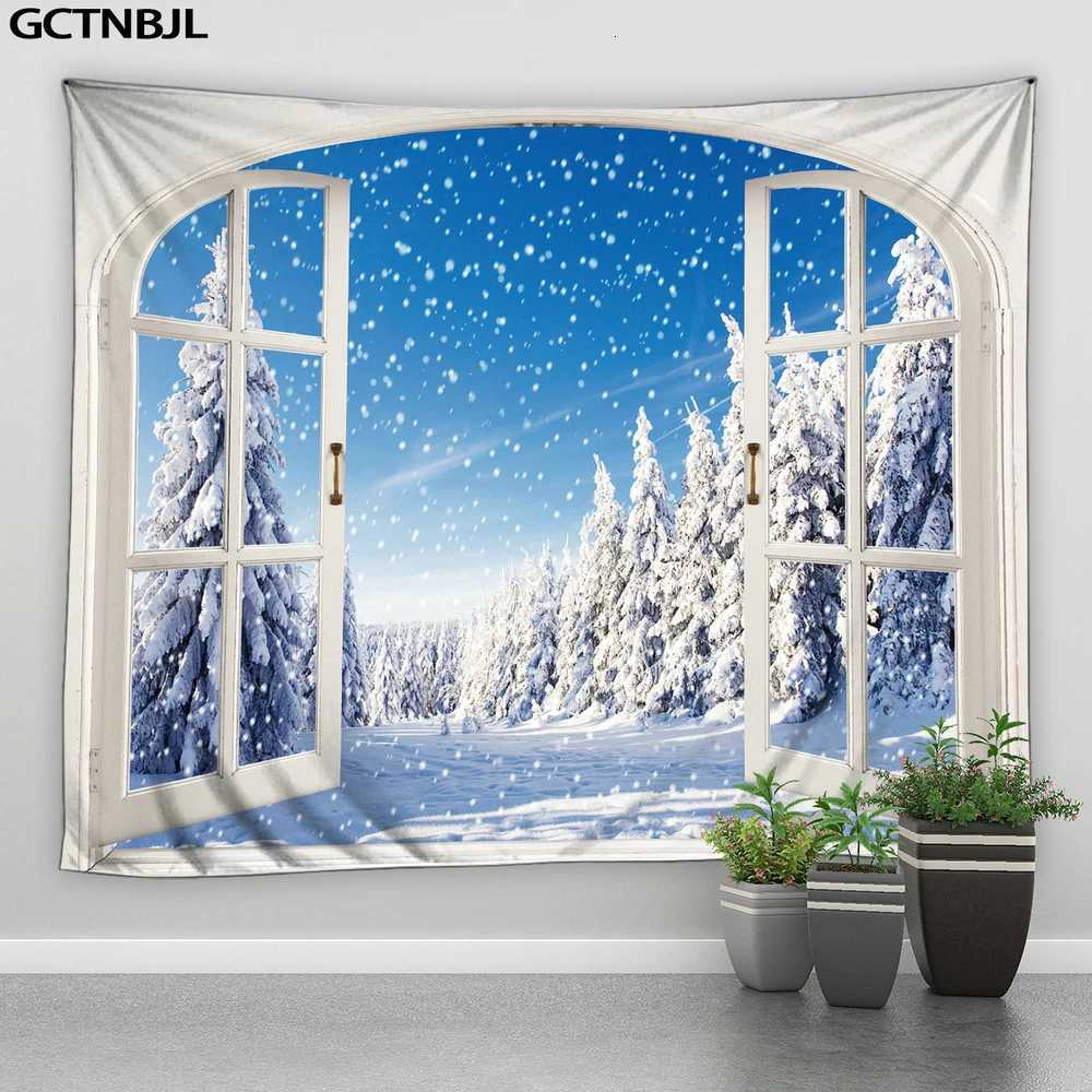 Winter Landscape Tapestry Wall Hanging Forest Snow Scene Christmas Theme Pine Santa Home Decor Living Room Bedroom Wall TapestryM251125