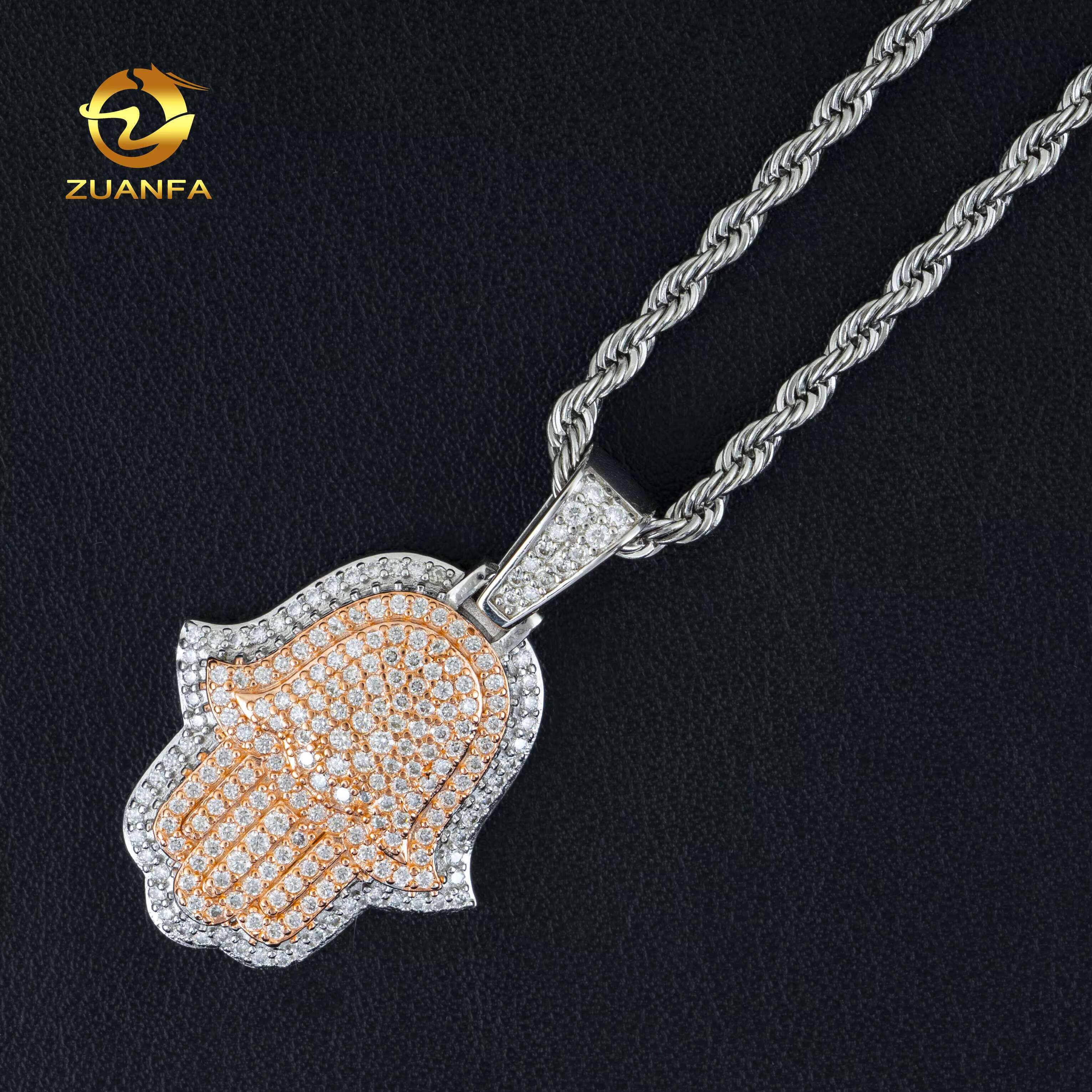 Hip Hop Iced Out Bling Pass Diamond Tester Vvs Jewelry Wholesale 2 Tone Color Plated Lab Diamond Mossanite Hamsa Hand Pendant