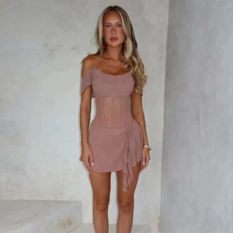 Dongdumaoyi Townlike Waist Wrap A Line Dress Women Halter Mini Spring Summer Ruffles Off Shoulder Backless Sexy Party Dresses