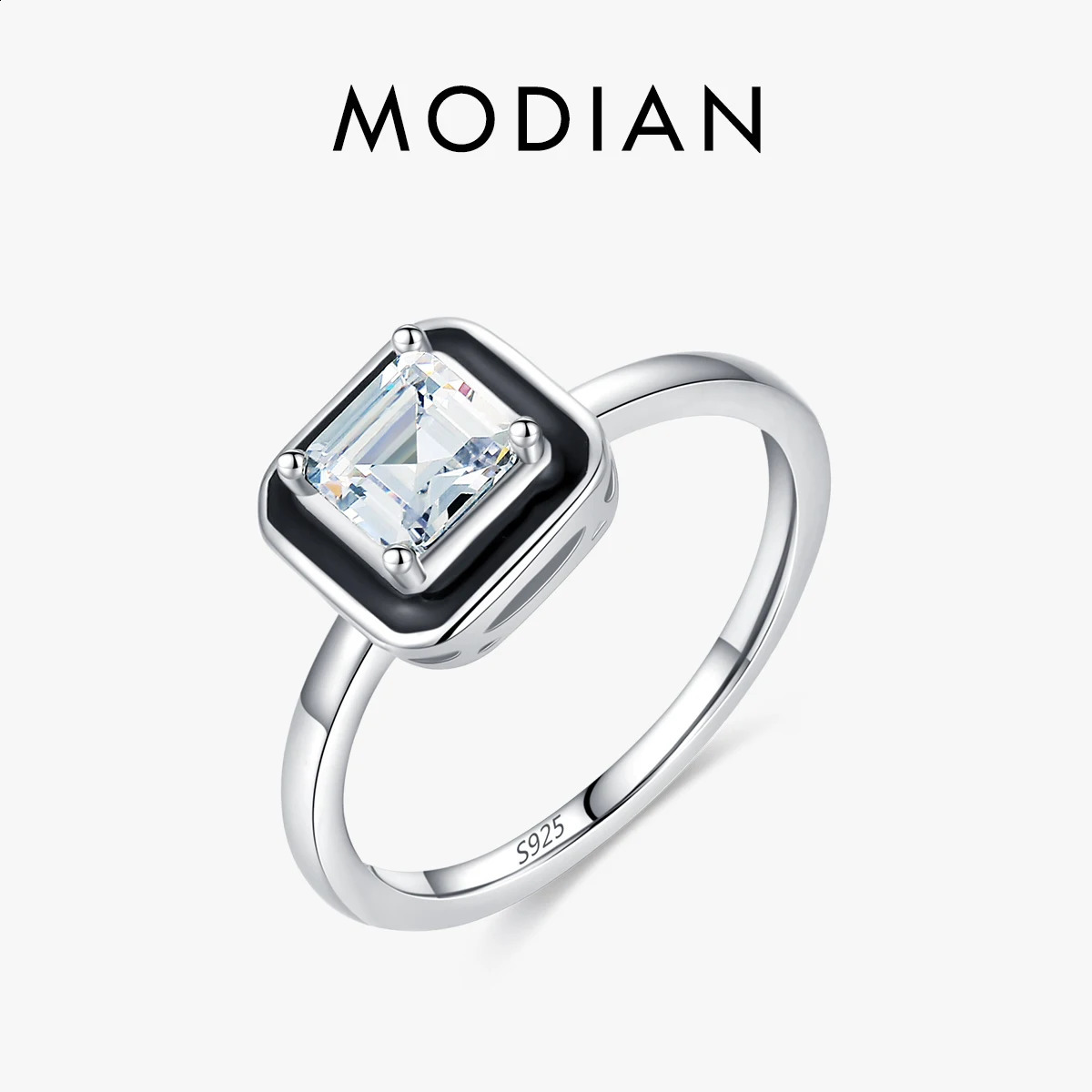 MODIAN 925 Sterling Silver Fashion Black Enamel Finger Ring Clear Square CZ Ring For Women Engagement Wedding Fine Jewelry 250425