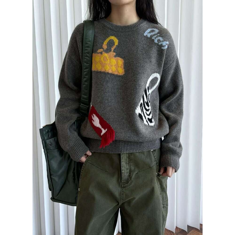 Autumn And Winter Women's Casual Jacquard Round Neck Long Sleeved Loose Pure Wool Sweater