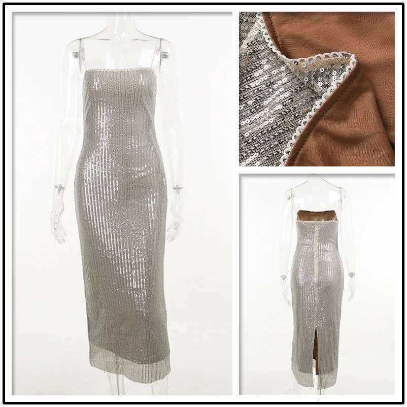 Dongdumaoyi Townlike Nightclub Sequin Sexy Party Dress Spaghetti Strap Summer Slim Bodycon Midi Long Dresses Elegant Vestidos