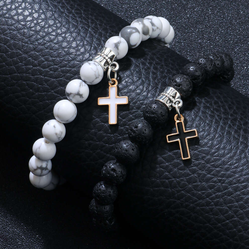 White turquoise volcanic cross pendant trendy men's personality natural stone bracelet versatile