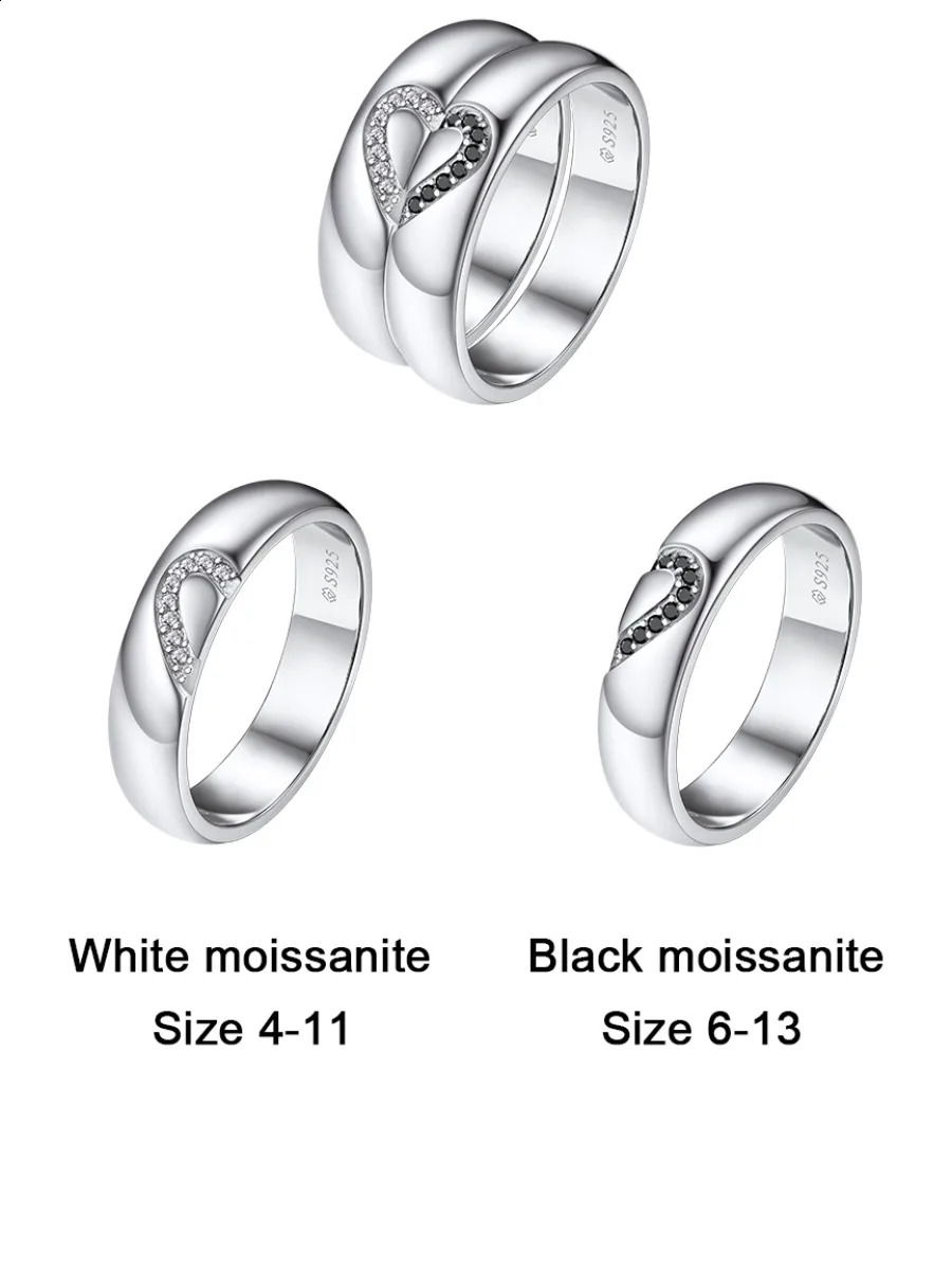 U7 pure silver matching heart-shaped silica couple ring white black gemstone 5mm flat ribbon wedding anniversary unisex ring 250422