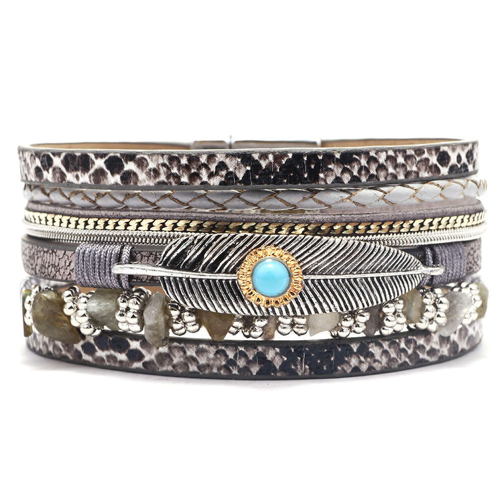 Women's Feather Trendy Personalized Turquoise Crushed Stone Multi layer Leather Bracelet