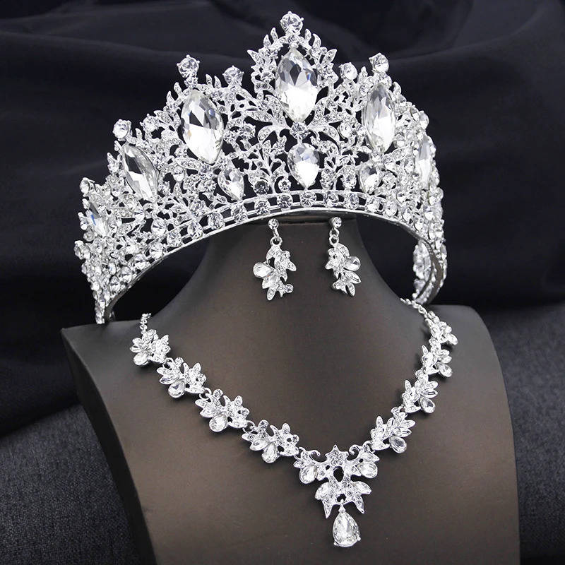 Bridal Green Tiaras Set Crystal Crown Bridal Jewelry Sets for Women Prom Wedding Dress necklace earrings Costume Accessories 250417