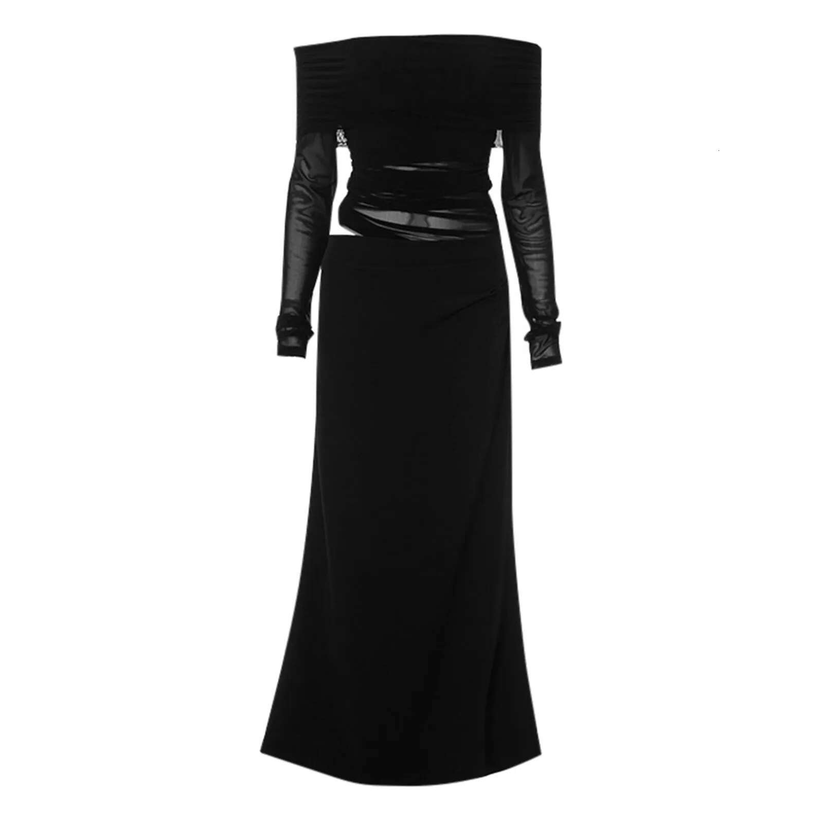 Dongdumaoyi Women S Evening Maxi Dress Sexy Hollow Out Off Shoulder Elegant Mesh Sheer Long Sleeve Casual Party Wear