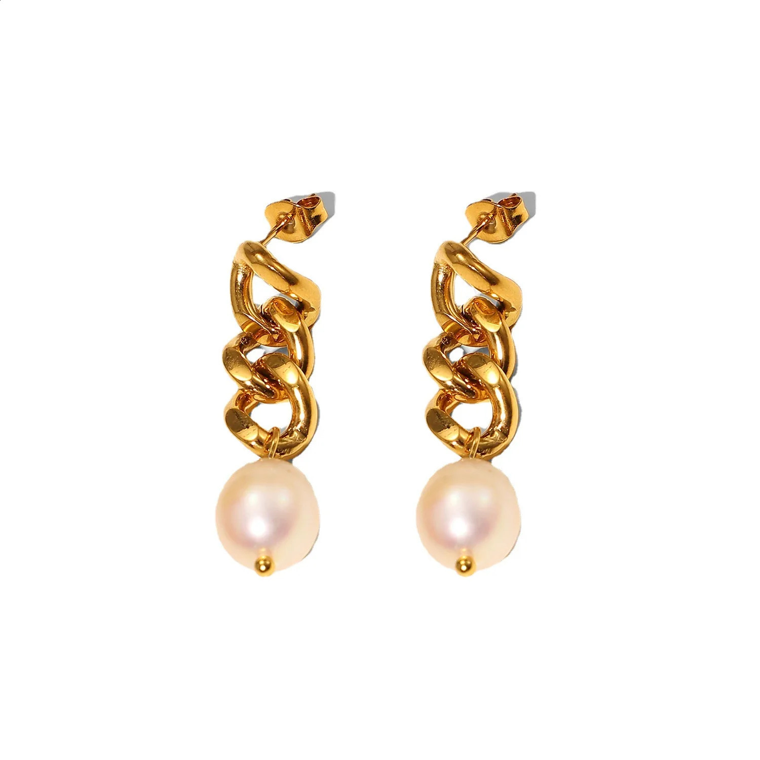 Pearl Pendant Geometric Stainless Steel Cuban Chain Freshwater Pearl Earrings 250422