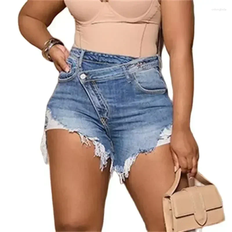 CNLONGBIDA Women's Shorts Fashion Slanted Waist Button Splicing Denim Women Summer Broken Holes Tassel Three Quarter Pants Female Casual Mini Jea